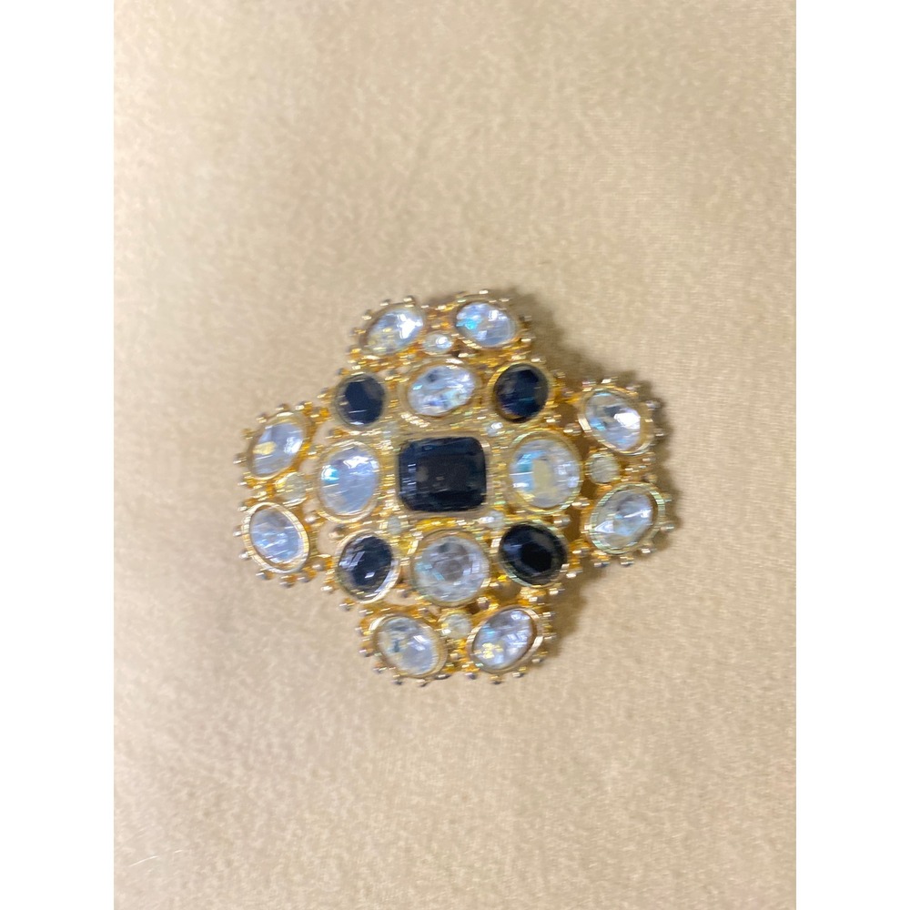 Vintage Maltese Cross Court Style Brooch Jewelry Rhinestone Gold Black